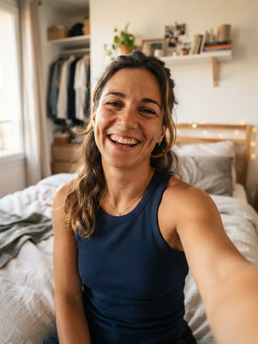 First-person perspective smartphone selfie of an attractive athletic French woman smiling in a bedroom, warm casual lighting, mobile camera aesthetic