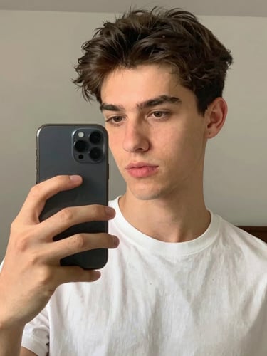 Casual mirror selfie of an attractive young French man holding a smartphone, soft indoor lighting, bedroom background, authentic Snapchat aesthetic