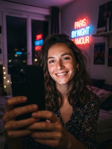 First-person perspective smartphone selfie of an attractive young French woman smiling in a dimly lit bedroom, holding her phone, neon light reflection, authentic Snapchat aesthetic.