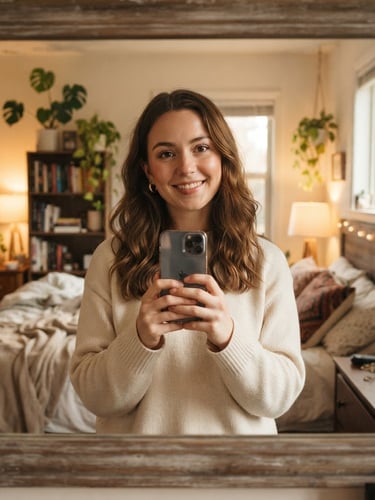 Casual smartphone selfie of an attractive young woman in her bedroom, warm ambient lighting, holding phone up to a mirror, authentic social media aesthetic.
