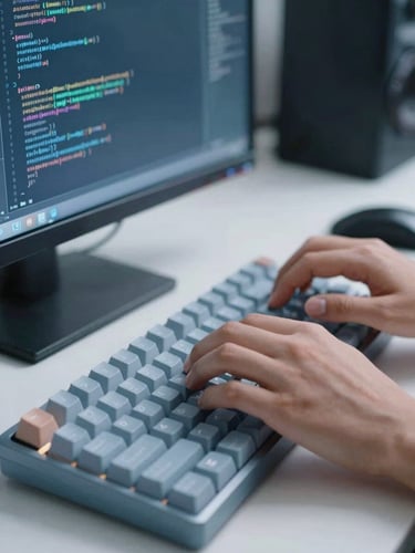 Close-up of a developer's hands typing on a mechanical keyboard, code visible on a vertical monitor, crisp cool daylight, slate blue tones, sharp focus, 35mm lens