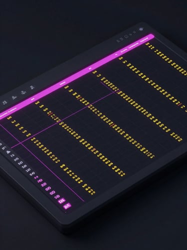 Isometric high-fidelity mockup of a dark-mode spreadsheet interface, glowing magenta grid lines, precise yellow data visualization nodes, clean typography, dark background