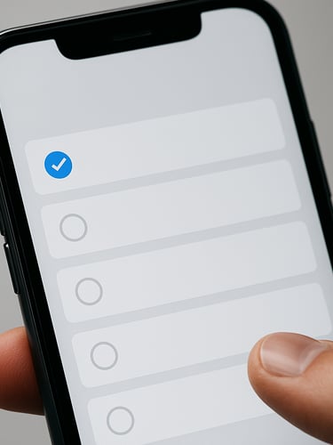 Close-up portrait of an Android phone screen showing a clean task-management interface, a single focused list with precise typographic spacing, clean studio light, tight crop revealing interaction detail