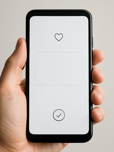 Hand holding an Android device against a near-white background, screen showing a minimal health-logging interface with a single prominent input and generous whitespace, clean studio light from the left, tight medium crop
