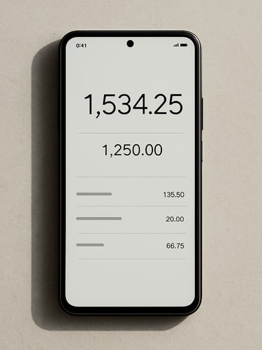 Overhead close-up of an Android phone on a light desk surface, screen showing a minimal personal finance interface with clean numerical typography, natural north-facing daylight, high contrast, no visible hands