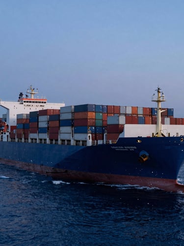 Wide-angle environmental shot of a massive container vessel at sea during twilight, deep blue oceanic water, cargo stacked in rigid grids, dramatic cool lighting
