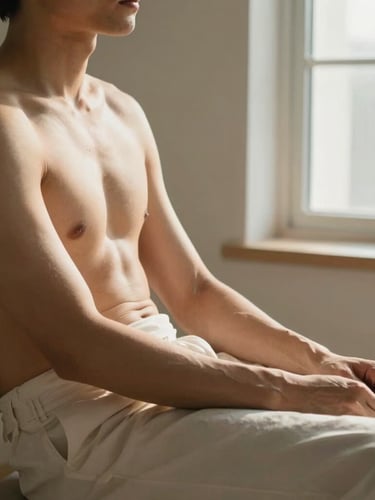 A relaxed medium shot of a person with natural skin texture sitting in a calm, sunlit room, soft morning light filtering through a window, warm clinical-minimalist tone.