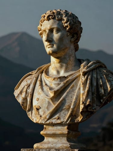 Dramatic chiaroscuro portrait of a weathered marble bust of Marcus Aurelius, golden light from the side, deep shadows, ancient Roman style, cinematic, high contrast