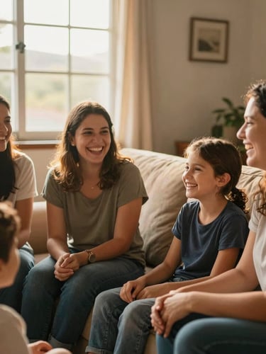 Candid medium shot of a warm, welcoming family laughing together on a sofa during a home cell group meeting in Goiás, soft golden hour sunlight filtering through a window, natural and authentic atmosphere.