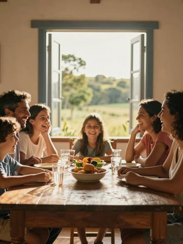 A warm, candid photo of a family laughing together around a rustic dining table in Abadiânia, natural golden hour sunlight streaming through the window, authentic expressions.