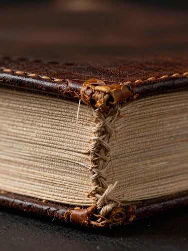 Extreme close-up of a 15th-century book's hand-sewn binding, showing the intricate linen threads and aged leather spine under soft directional library light.