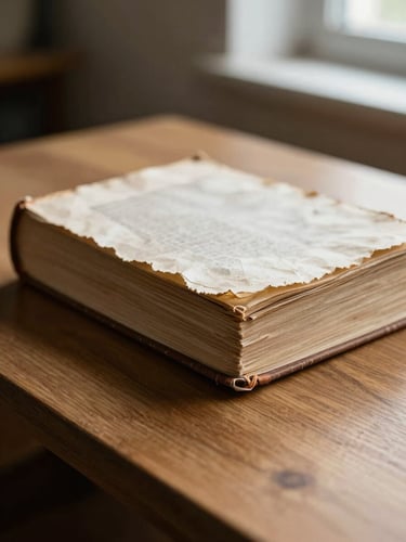 Macro shot of deckled paper edges and hand-sewn binding of a 16th-century volume resting on an oak examination table, soft north-facing window light, deep natural shadows