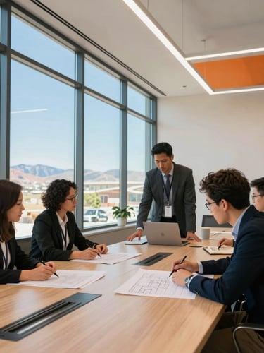 Angled architectural perspective of a modern daylight-filled conference room in Utah, professional team analyzing schematics, natural lighting, 35mm