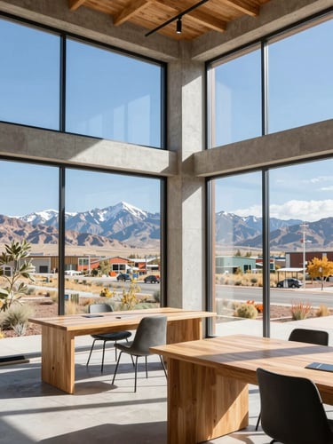 Bright natural daylight workspace in Utah, modern architectural concrete and oak wood, large windows showing mountains, 35mm editorial photography