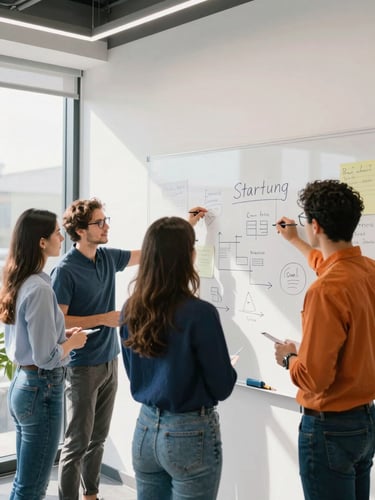 Collaborative startup team working around a physical whiteboard in a bright modern office with natural daylight, sharp focus, 35mm