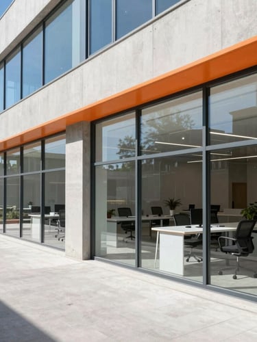 Angled perspective of a clean, modern architectural workspace with bright natural daylight, concrete and glass details, 35mm