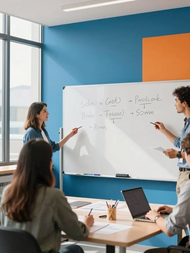 Bright natural daylight workspace, collaborative team session around a physical whiteboard, vibrant orange accents, sharp focus, modern architectural space, 35mm