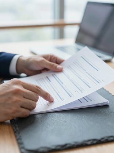 Close-up of hands reviewing financial documents on a modern slate table in a bright, naturally lit office, shallow depth of field, 35mm