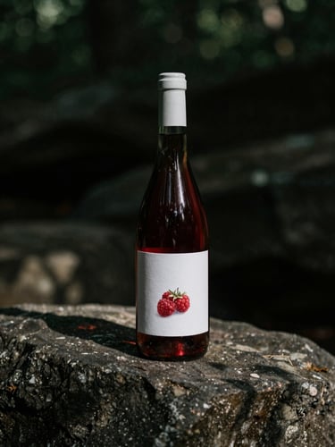 Elegant minimalist wine bottle of wild raspberry ferment sitting on a raw dark stone, moody low-key natural lighting, deep shadows, 35mm