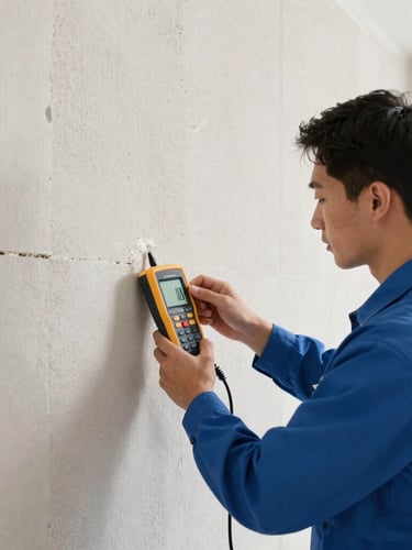 A professional technician in a clean uniform using a digital moisture meter against a dry drywall, bright neutral indoor light, cool slate tones, sharp focus.