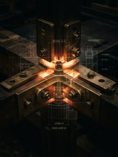 Close-up of a hand-milled brass joint, glowing warmly from within, with a faint technical blueprint overlay, dramatic architectural photography, low-key ambient lighting, high contrast, deep shadows, medium format