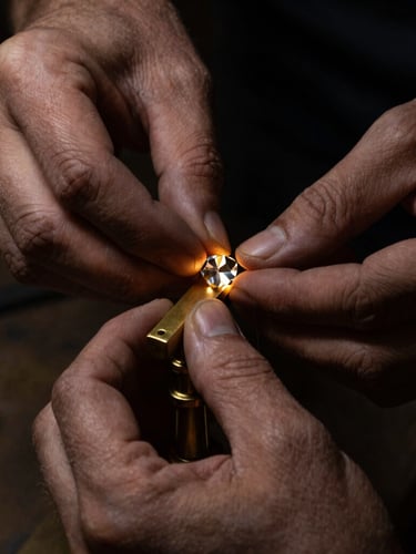 Tight macro crop of a craftsman's hands carefully pinning a crystal element onto a hand-milled brass fixture, warm light reflecting off the metal, deep shadows, high contrast, medium format.
