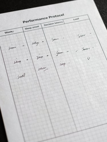 Close overhead detail shot of a hand-written weekly performance protocol on gridded paper — columns for sleep onset, decision latency, and load metrics — lit by clean neutral studio light, no shadows, precise ruled lines visible