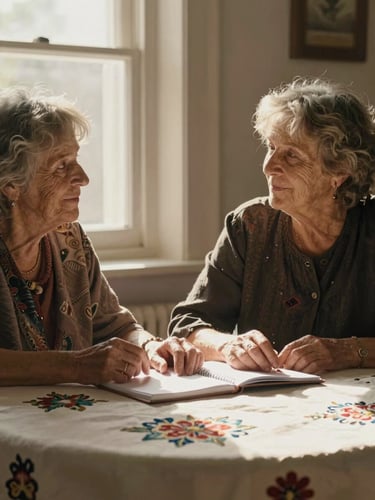 Warm interior scene, two older women seated close together at a table near a window, hands resting on a notebook, soft golden afternoon light falling across embroidered fabric on the table, candid mid-conversation, no eye contact with camera