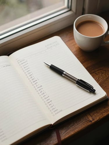 Close overhead shot of an open notebook with handwritten budget columns, a pen resting across the page, a cup of chai beside it, warm natural north-facing window light, quiet and deliberate