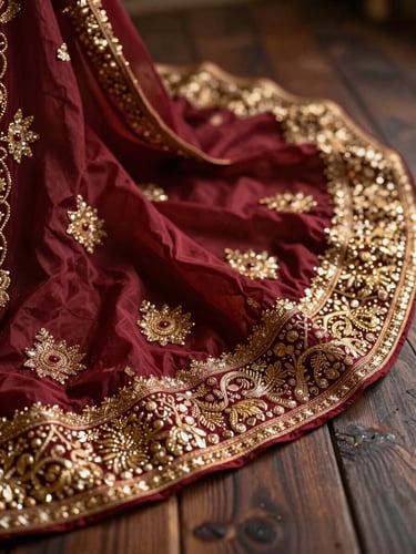 Close-up of deep crimson and gold bridal dupatta draped over a dark wooden surface, intricate zari embroidery in sharp focus, warm tungsten light catching the metallic thread, soft bokeh background, textile fills the full frame
