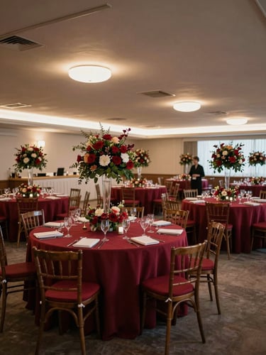 Wide shot of a wedding reception hall mid-setup, round tables draped in deep crimson linen, floral centrepieces being placed by a coordinator in the far background, warm ambient overhead light, generous negative space on the right