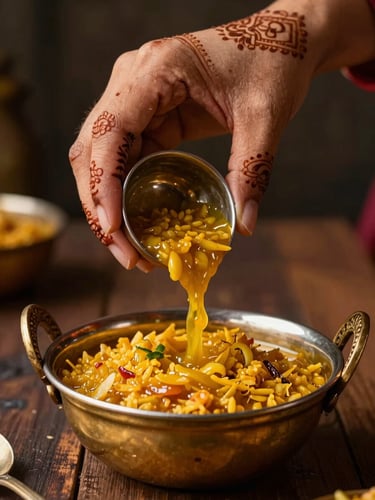 Close-up portrait frame of a hand with fading mehendi pattern ladling a rich dal into a brass serving bowl, warm golden tungsten light from above right, dark wooden surface beneath, shallow depth of field blurring the background