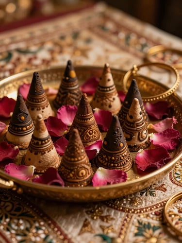 Close-up of a decorated mehndi tray with henna cones, rose petals, and gold bangles arranged on embroidered fabric, warm tungsten light, intimate and still
