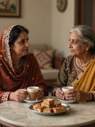 Close medium shot, warm tungsten light — two older women seated across a low table, hands wrapped around chai cups, speaking quietly; rich embroidered dupatta fabric visible at frame edge, a tray of mithai between them, soft depth of field on a home interior background