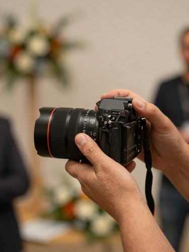 Photographer's hands holding a film camera at waist level, ceremony decorations softly blurred in the background, warm tungsten ambient light, candid working moment, no subject looking at camera
