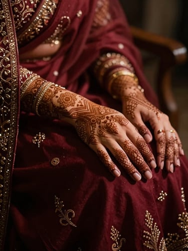 Close-up of a bride's hands resting on deep crimson embroidered fabric, fresh mehendi patterns visible, warm tungsten light from the left casting soft shadow, shallow depth of field, intimate and still