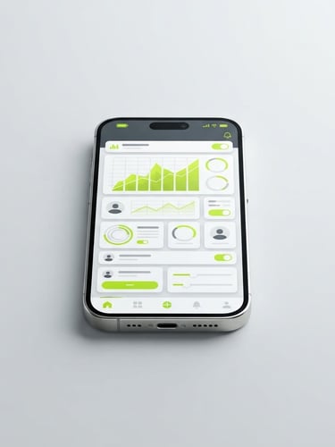 Straight-on isometric view of a high-fidelity mobile UI mockup on a sleek modern smartphone, bright high-key studio lighting with soft clean shadows, minimalist light grey background, sharp lime green accents, clean 3D digital render