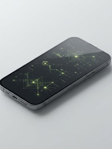 Sleek isometric 3D render of a premium smartphone displaying a minimalist dark web interface, crisp studio lighting, lime green accents, high-key light grey background