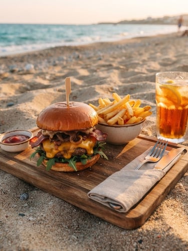 Overhead flatlay of a gourmet burger with melting cheese and crispy fries on a wooden board, golden hour sunlight reflecting off a cold glass of drink, sand beige background, 35mm photography