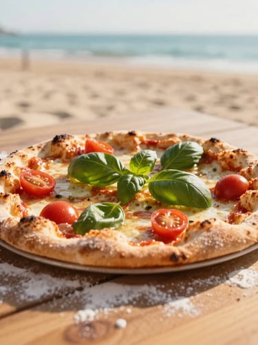 Close up of fresh basil leaves and cherry tomatoes being placed on a sourdough pizza, flour dusted on a wooden table, warm golden hour sunlight, 35mm