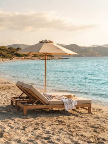 An elegant sunbed under a minimalist beige umbrella on Danisment Beach, crystal-clear turquoise sea of Saros Gulf in background, soft golden-hour sunlight, warm editorial photography
