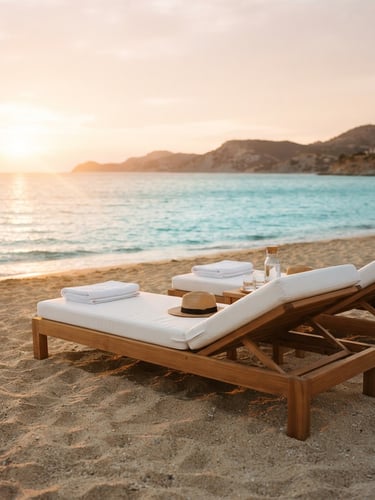 A beautiful portrait shot of premium wooden sunbeds with crisp white cushions on a sandy beach under golden hour sunlight, turquoise sea of Saros Gulf in the background, warm light flare, 35mm photography