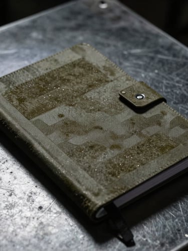 Close-up of a rugged tactical notebook on a dark metal table, harsh directional light from the side, desaturated olive tones, high contrast.