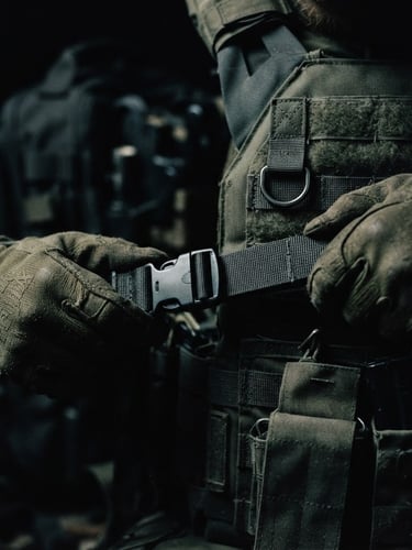 Close-up of hands adjusting tactical gear in dramatic low-key lighting, harsh shadows, desaturated olive tones, high contrast, 35mm film style