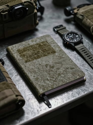 Tight macro shot of a tactical notebook, rugged watch, and operational gear on a dark metal table, harsh directional light, desaturated tones