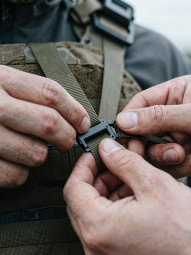Tight macro shot of tactical gear adjustment, hands tightening a heavy duty strap, cold overcast daylight, desaturated tones, 35mm film