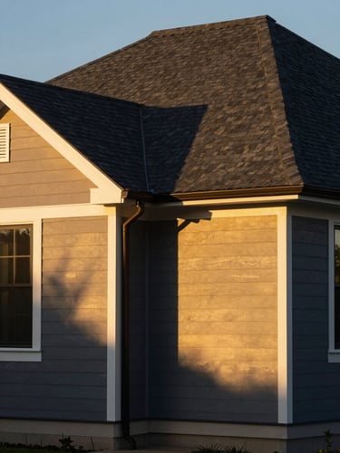 Low-angle architectural photograph of a luxury home with clean siding and perfectly aligned dark shingles under dramatic golden hour light.
