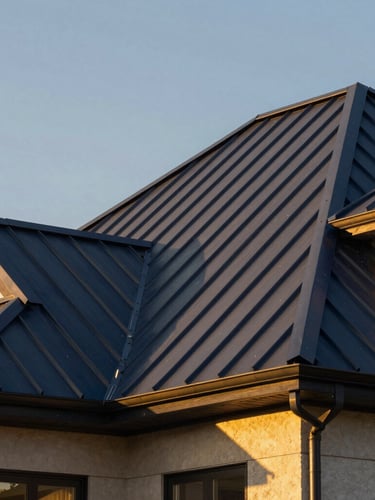Low-angle architectural shot of perfectly aligned gold-accented standing seam metal roofing on a premium home, dramatic golden hour daylight, sharp focus, 35mm lens