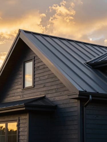Low-angle architectural photograph of a modern home with clean metal roof seams and dark siding under a dramatic Hudson Valley golden hour sky