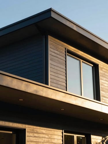Low-angle architectural photograph of a modern home with clean horizontal siding and gold metal accents under crisp daylight, 35mm lens
